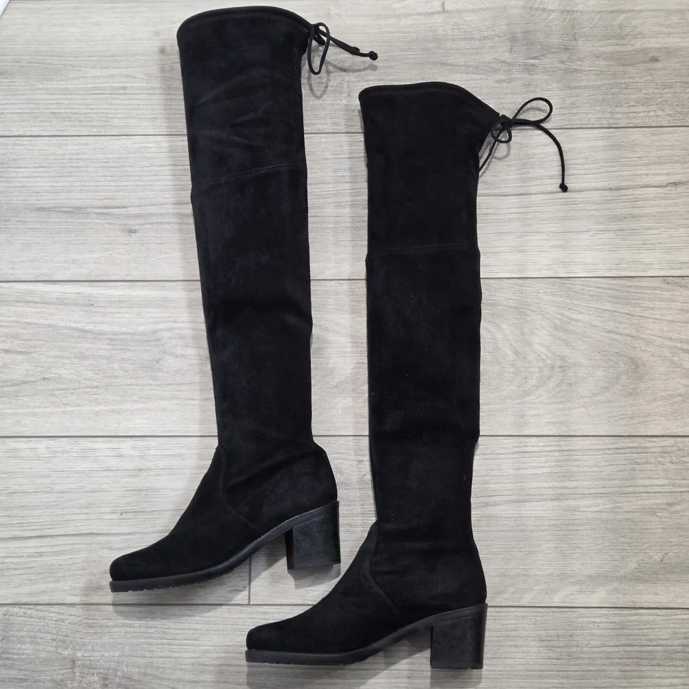 STUART WEITZMAN Tieland Over-The-Knee Boots Black Suede Womens 6 OTH Block Heel